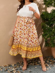 SHEIN Holidaya Vestido con estampado floral con cinturón bajo con fruncido - Blanco - Ver 4