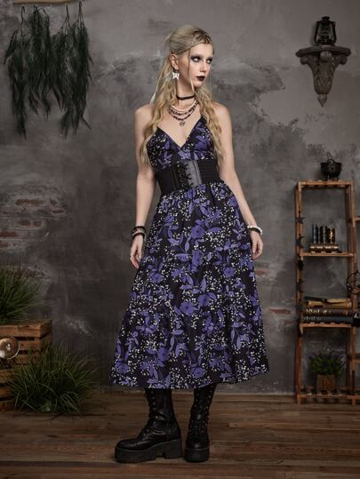 Abito con bretelle sottile stampa floreale all over con volant capestro senza corsetto