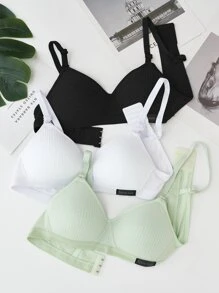 Chica Preadolescente 3 Piezas De Tamanho Sólido Con Ribetes Y Detalles Acolchados Bralette De Punto Acanalado - Multicolor - Ver 1