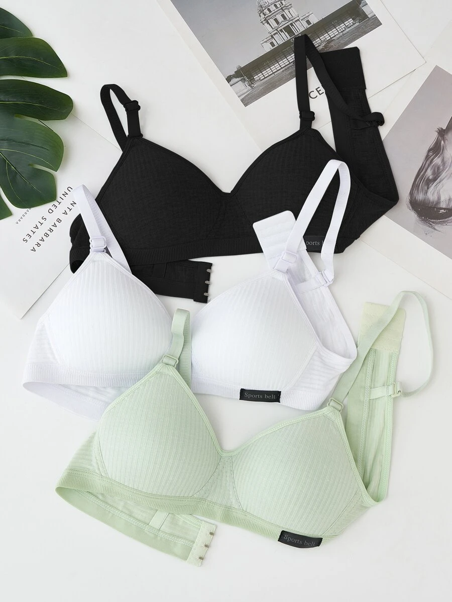 Chica Preadolescente 3 Piezas De Tamanho Sólido Con Ribetes Y Detalles Acolchados Bralette De Punto Acanalado - Multicolor - Ver 1