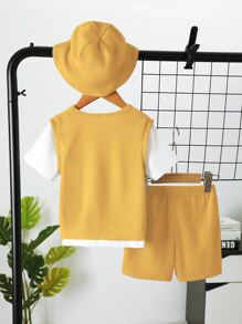 SHEIN Playful Pals 年輕男孩馬和人物刺繡2合1t恤和短褲和帽子