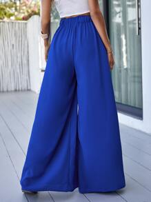 SHEIN VCAY Solid Tie Front Wide Leg Trousers - Royal Blue - View 5