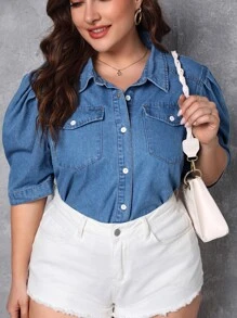 SHEIN Plus Flap Pocket Puff Sleeve Denim Top - Medium Wash - View 1