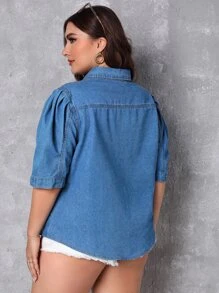 SHEIN Plus Flap Pocket Puff Sleeve Denim Top - Medium Wash - View 2