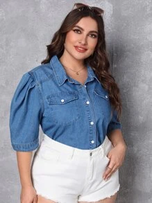 SHEIN Plus Flap Pocket Puff Sleeve Denim Top - Medium Wash - View 4