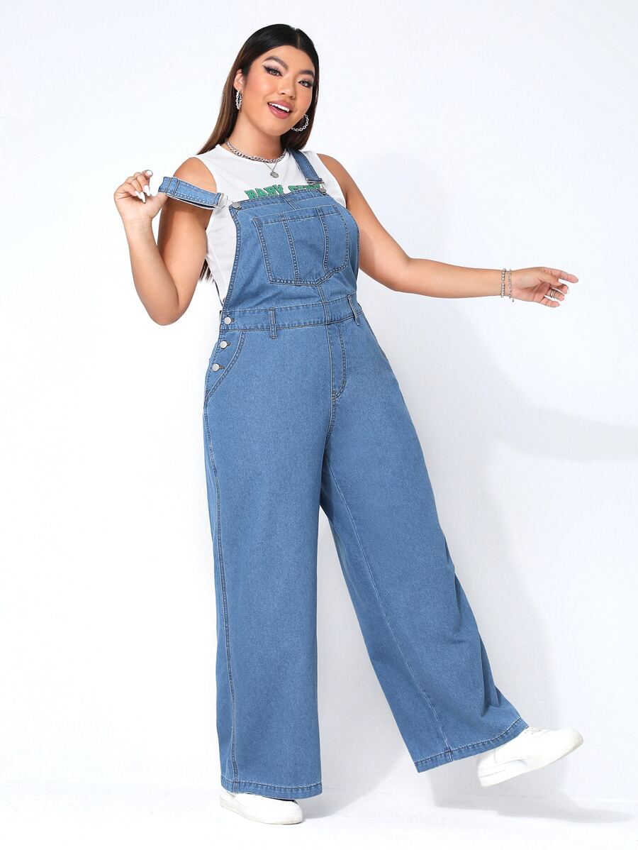 SHEIN CovetEZ Plus Patched Pocket Denim Overalls Without Tee - Medium Wash - View 1