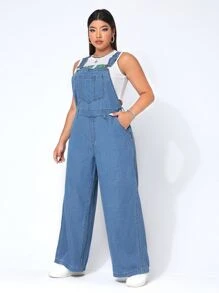 SHEIN CovetEZ Plus Patched Pocket Denim Overalls Without Tee - Medium Wash - View 3