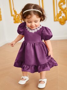SHEIN Baby Guipure Lace Appliques Puff Sleeve Ruffle Hem Dress - Purple - View 1