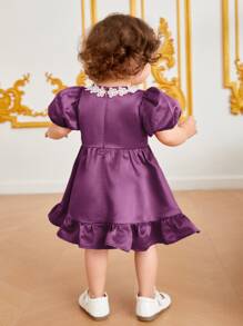 SHEIN Baby Guipure Lace Appliques Puff Sleeve Ruffle Hem Dress - Purple - View 2