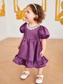 SHEIN Baby Guipure Lace Appliques Puff Sleeve Ruffle Hem Dress - Purple - View 3