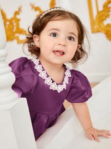SHEIN Baby Guipure Lace Appliques Puff Sleeve Ruffle Hem Dress - Purple - View 6