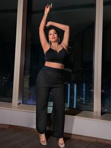 SHEIN SXY Plus Solid Textured Trousers - Black - View 5