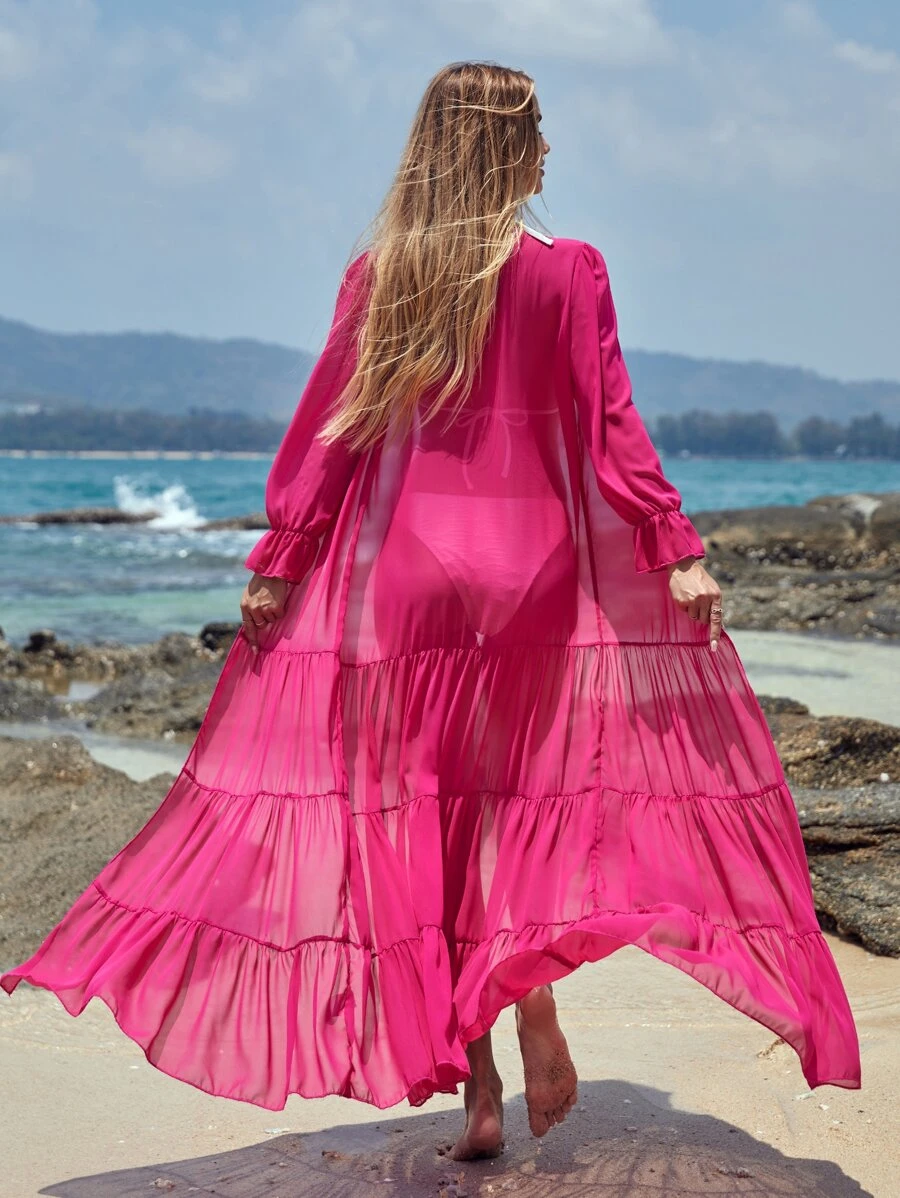 SHEIN Swim Summer Beach Ruffle Hem Sheer Mesh Kimono - Hot Pink - View 1