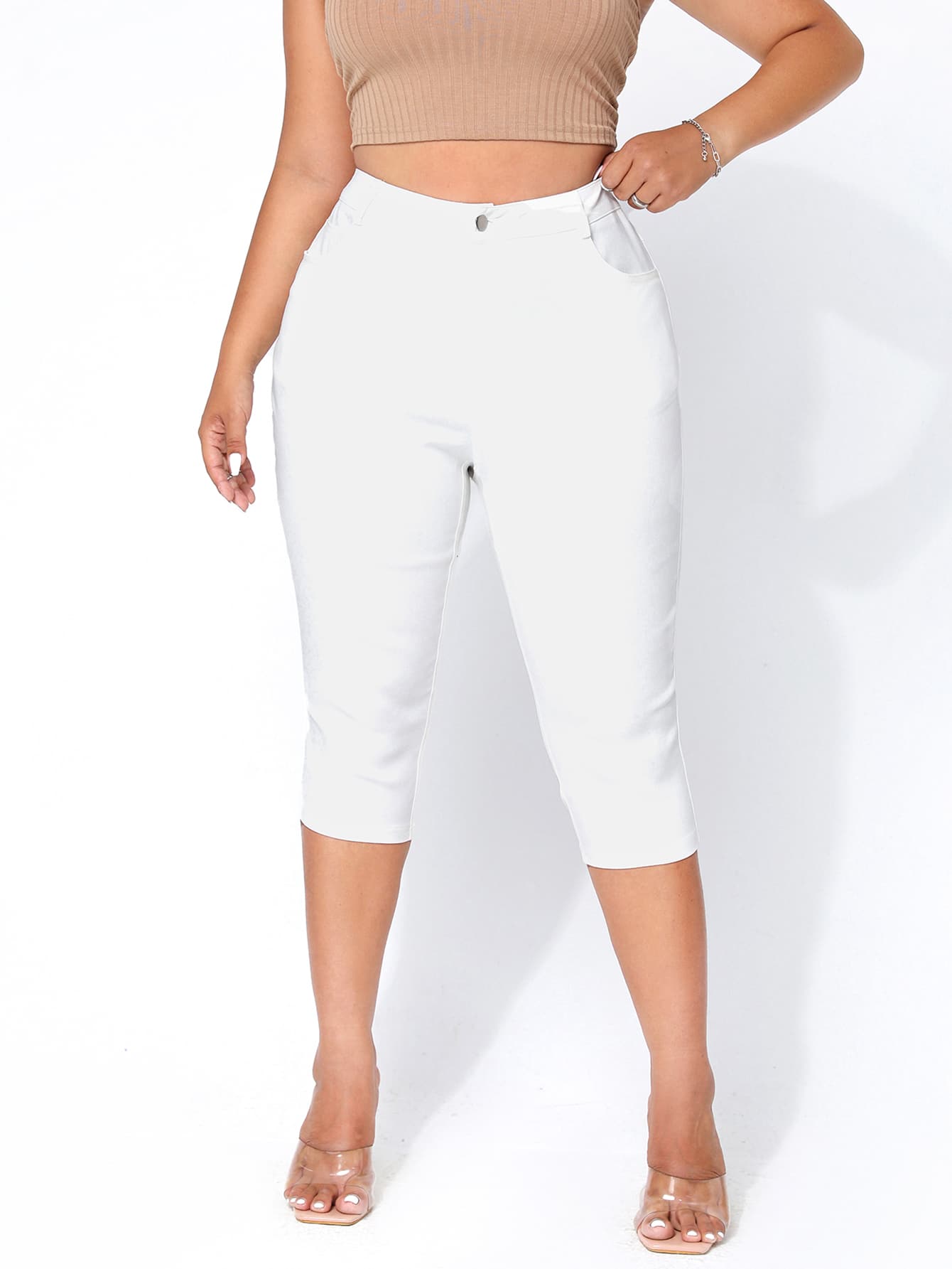 SHEIN SXY Plus High Waist Skinny Capri Solid Pants, For Women Summer - White - View 1