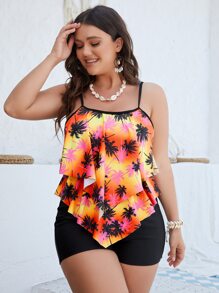 Swim Lushoire Conjunto de tankini con estampado tropical de dos capas Top de tirantes fluidos con volantes y pantalones cortos Traje de baño de 2 piezas