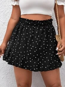 SHEIN Privé 大碼紙屑愛心圖案紙袋腰荷葉邊裙裤 - 黑色 - 查看 1