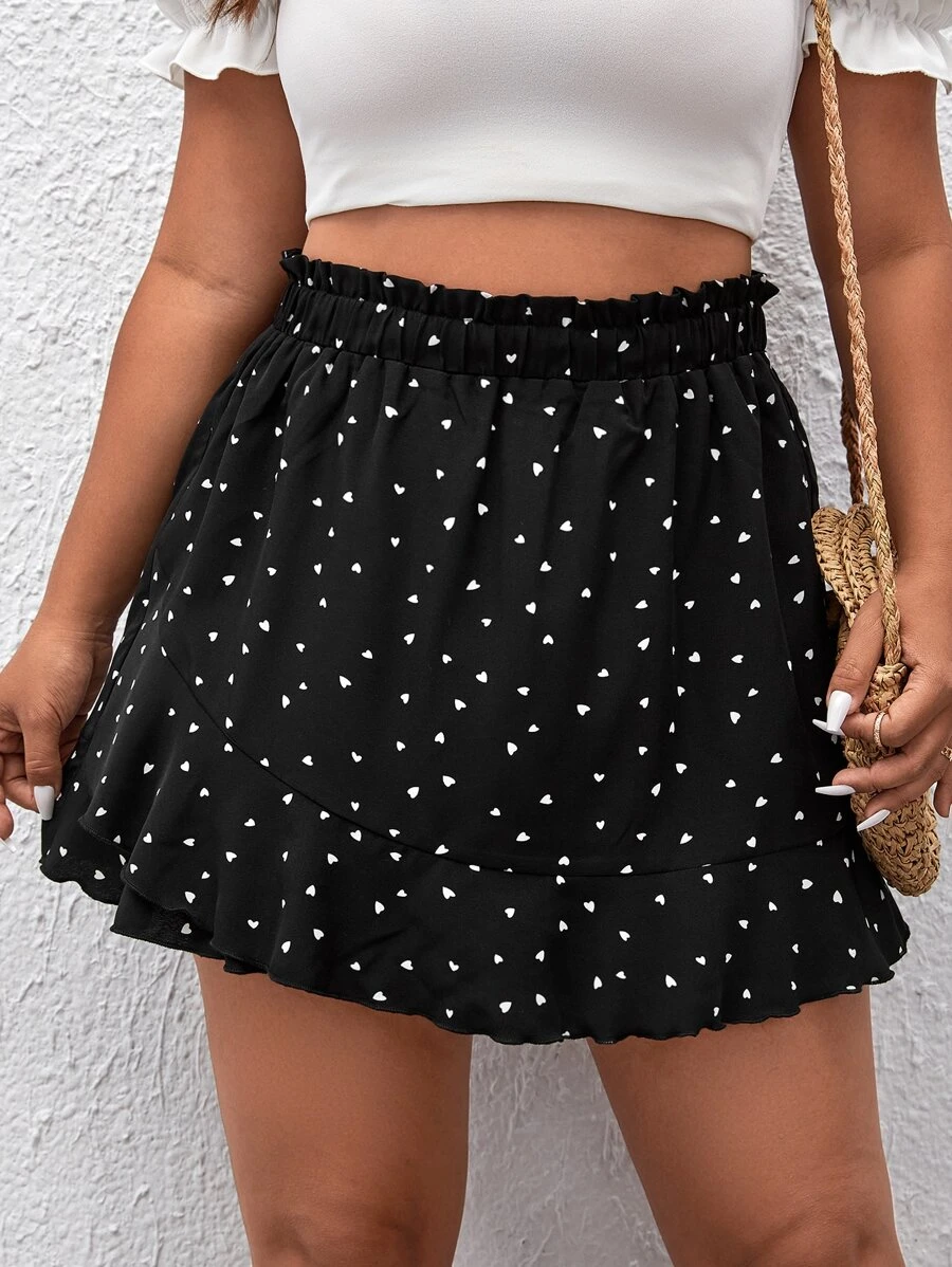 SHEIN Privé 大碼紙屑愛心圖案紙袋腰荷葉邊裙裤 - 黑色 - 查看 1