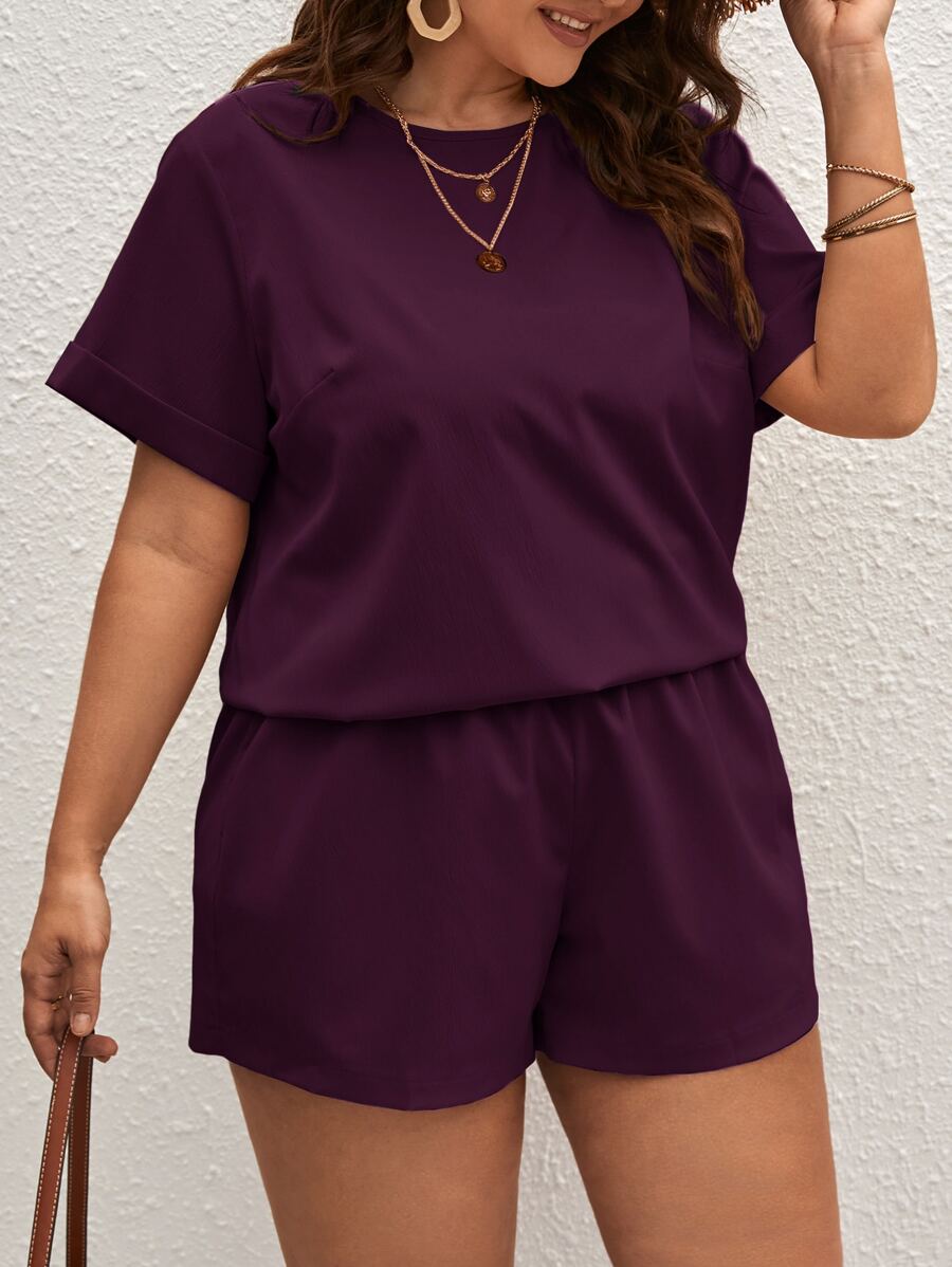 SHEIN LUNE Bộ thời trang Plus Size Nút màu trơn Giải trí - Màu đỏ tím - Xem 1