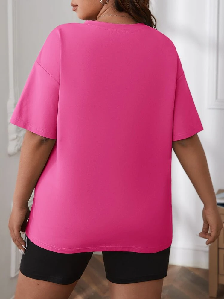 SHEIN EZwear พลัส เสื้อยืด ไหล่ตก สีพื้น - สีชมพูบานเย็น - ดู 2