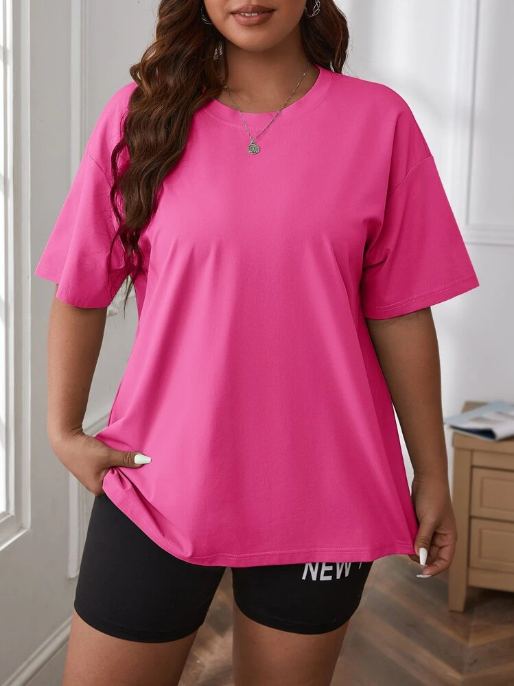 SHEIN EZwear พลัส เสื้อยืด ไหล่ตก สีพื้น - สีชมพูบานเย็น - ดู 3