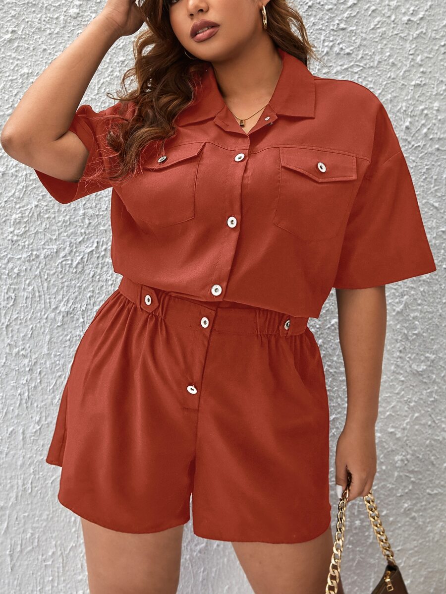 SHEIN Essnce Jumpsuits Plus Size Túi Nút phía trước màu trơn Giải trí - Màu Cam cháy - Xem 1