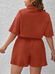 SHEIN Essnce Jumpsuits Plus Size Túi Nút phía trước màu trơn Giải trí - Màu Cam cháy - Xem 2