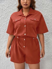 SHEIN Essnce Jumpsuits Plus Size Túi Nút phía trước màu trơn Giải trí - Màu Cam cháy - Xem 4