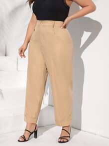 SHEIN Privé Pantalones con fruncido - Caqui - Ver 3