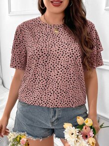 SHEIN LUNE Plus Dalmatian Print Butterfly Sleeve Blouse - Pink - View 3