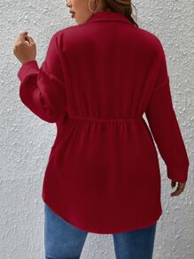 SHEIN Privé Áo sơ mi Plus Size Thắt lưng Nút phía trước màu trơn Giải trí - Màu Đỏ Sâu - Xem 2