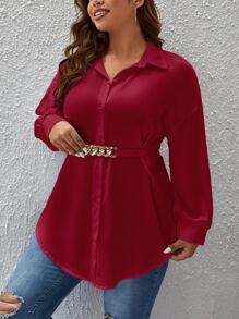 SHEIN Privé Áo sơ mi Plus Size Thắt lưng Nút phía trước màu trơn Giải trí - Màu Đỏ Sâu - Xem 3