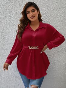 SHEIN Privé Áo sơ mi Plus Size Thắt lưng Nút phía trước màu trơn Giải trí - Màu Đỏ Sâu - Xem 4