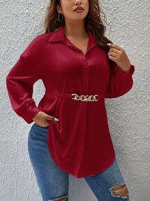 SHEIN Privé Áo sơ mi Plus Size Thắt lưng Nút phía trước màu trơn Giải trí - Màu Đỏ Sâu - Xem 5