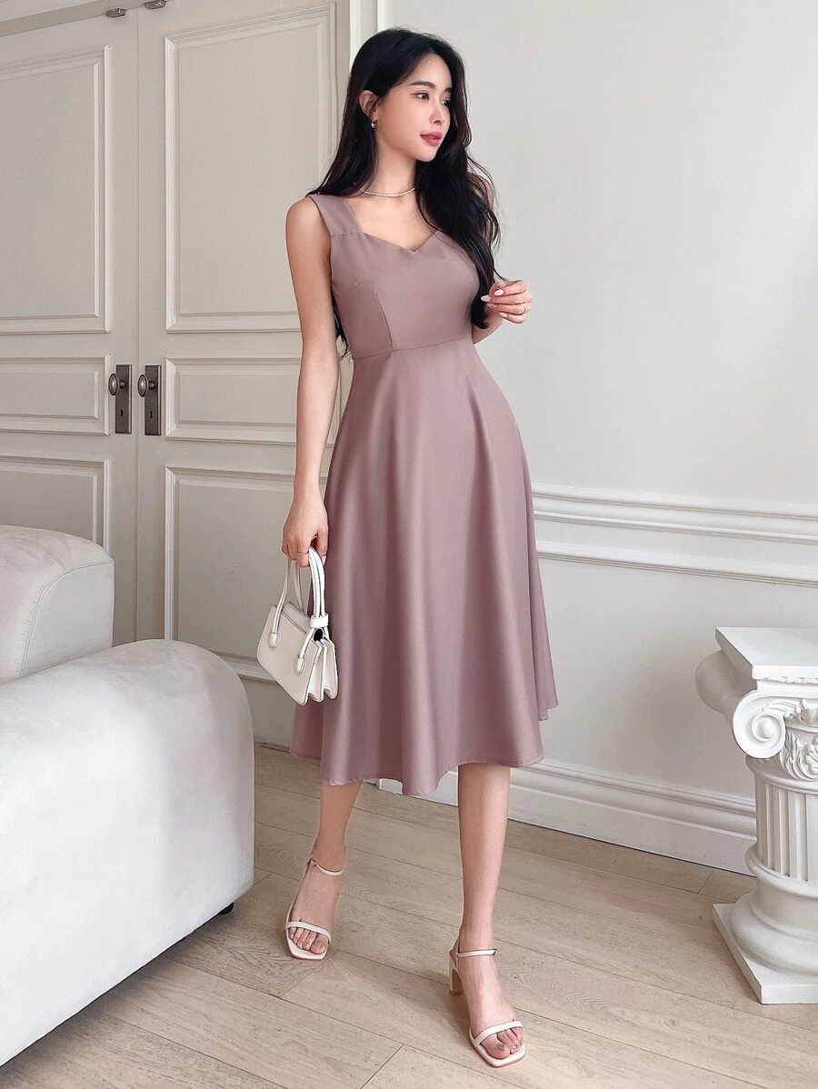 DAZY Solid Sweetheart Neck A-Line Dress,Casual Women Dresses - Dusty Pink - View 1