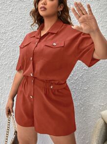 SHEIN Essnce Jumpsuits Plus Size Túi Nút phía trước màu trơn Giải trí - Màu Cam cháy - Xem 6