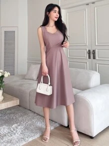 DAZY Solid Sweetheart Neck A-Line Dress,Casual Women Dresses - Dusty Pink - View 4