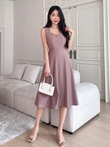 DAZY Solid Sweetheart Neck A-Line Dress,Casual Women Dresses - Dusty Pink - View 6