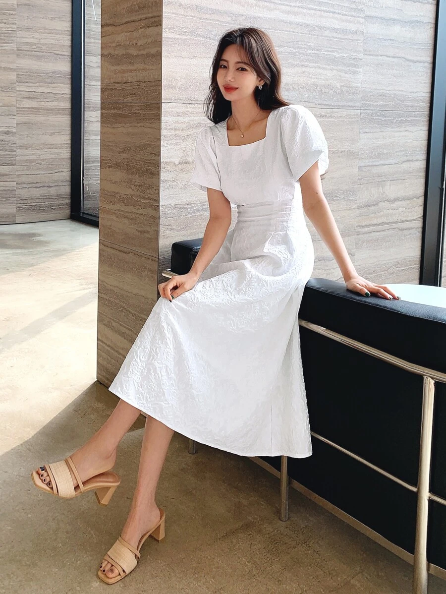 DAZY Square Neck Puff Sleeve Dress - White - View 1