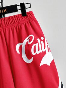 SHEIN 青少年男孩宽松针织图案印花短裤 - 紅色 - 查看 3