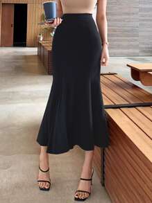 DAZY Solid Mermaid Hem Skirt,Ruffle - Black - View 1