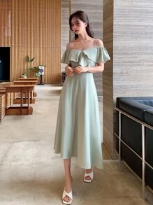 DAZY Vai lạnh Viền Ruffle Đầm - Màu xanh Bạc hà - Xem 1