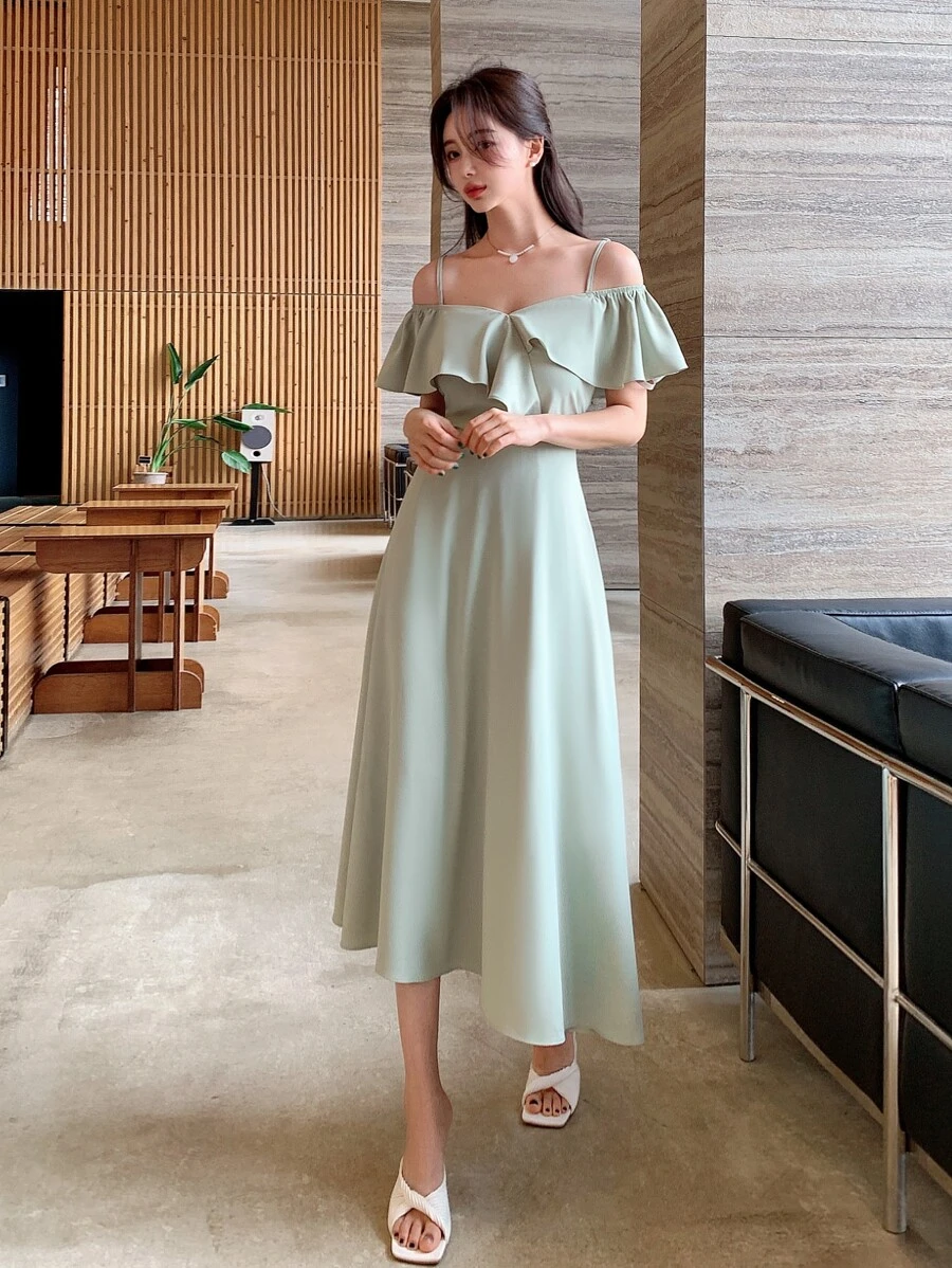 DAZY Vai lạnh Viền Ruffle Đầm - Màu xanh Bạc hà - Xem 1