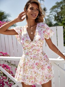 SHEIN VCAY Floral Print Ruched Bust Romper - White - View 4
