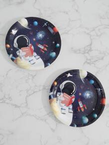 10 piezas/set plato desechable de papel, plato de cena desechable con patrón de astronauta moderno para fiesta de cumpleaños - Multicolor - Ver 2