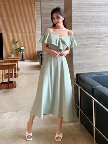 DAZY Vai lạnh Viền Ruffle Đầm - Màu xanh Bạc hà - Xem 3