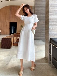 DAZY Square Neck Puff Sleeve Dress - White - View 5