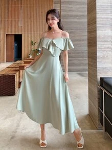 DAZY Vai lạnh Viền Ruffle Đầm - Màu xanh Bạc hà - Xem 4