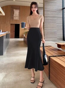 DAZY Solid Mermaid Hem Skirt,Ruffle - Black - View 7