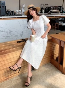 DAZY Square Neck Puff Sleeve Dress - White - View 6