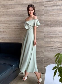 DAZY Vai lạnh Viền Ruffle Đầm - Màu xanh Bạc hà - Xem 5